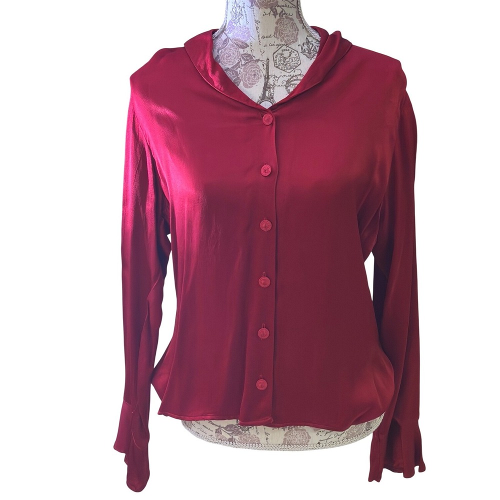 Vintage HABITAT Red Silky Button Down Long Sleeve Collared Blouse Shirt‎